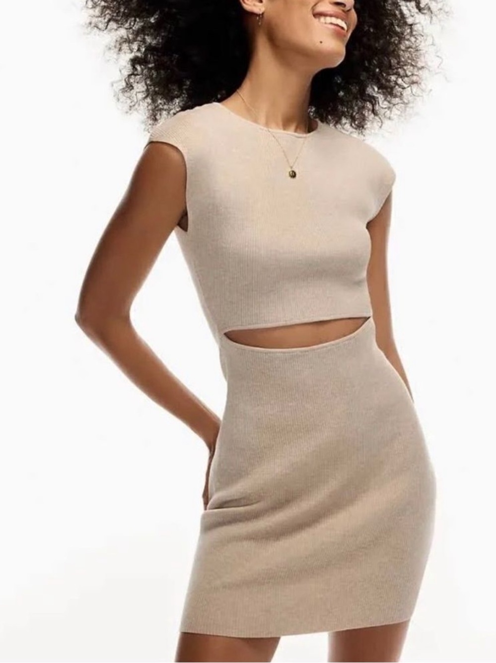 Aritzia Wilfred Beige Ribbed Cutout Knit Bodycon Mini Dress